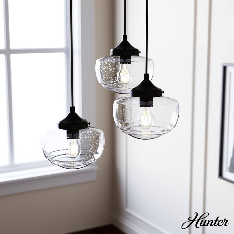 Hunter Saddle Creek 3-Light Vintage Schoolhouse Cluster Hanging Ceiling Light - Entry, Kitchen Table - Transitional - Noble Bronze-Clear Seeded Glass
