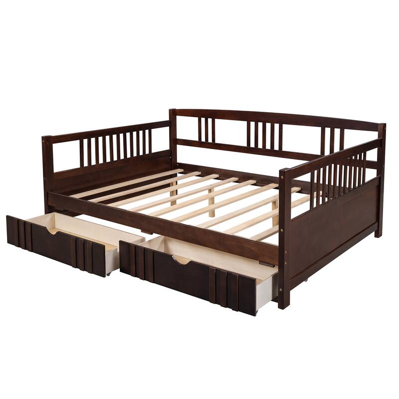 Daybed with Two Drawers, Solid Wood Frame, Guardrails, No Box Spring Needed