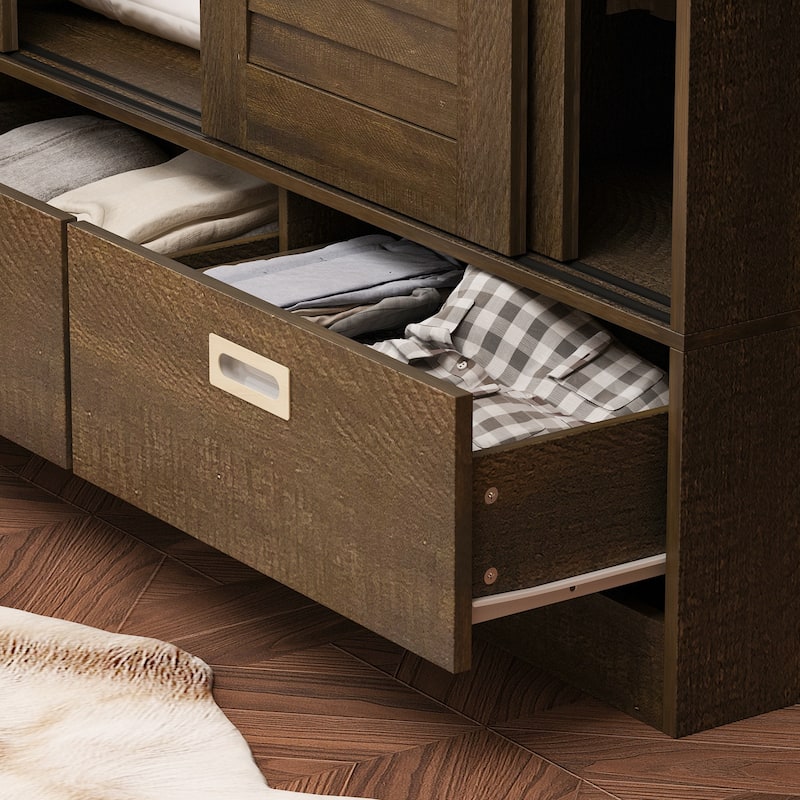 Brown Wood Grain Wardrobe with Drawers, Hanging Rod 4 Sliding Doors
