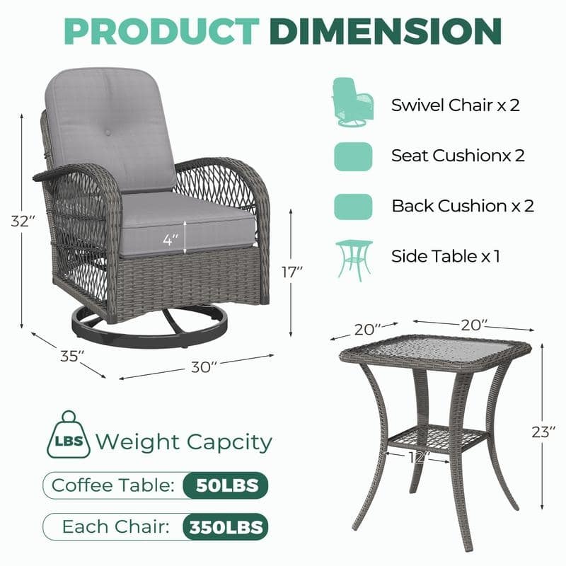 Outdoor Swivel Rocker Bistro Set - 3 Piece Wicker Patio Set with Swivel Rocking Chairs, Cushions, and Tempered Glass Side Table
