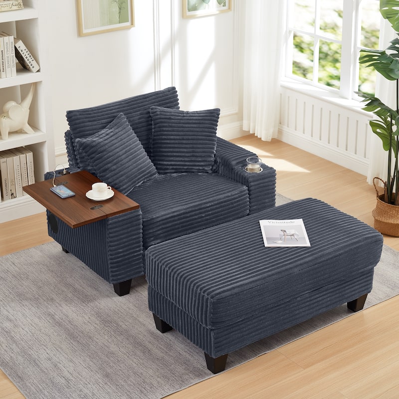 Versatile Chaise Lounge Single Sofa Chair with Ottoman, Swivel Table, Storage Armrest, Cup Holder, Bluetooth Speaker and USB - Dark Grey