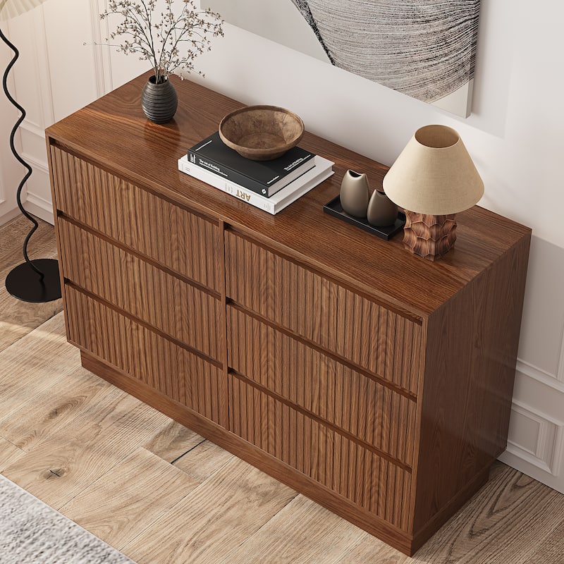 6 Drawers 47.3'' W Double Dresser With Walnut Waveform Fluted Panel Versatile Storage