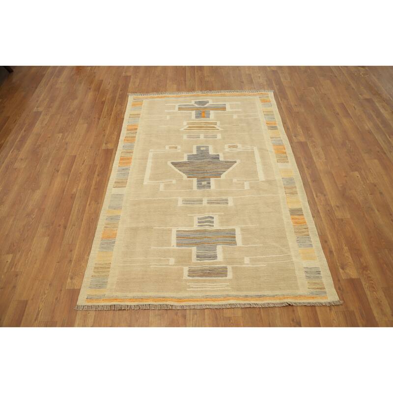 Hand Woven Oriental 100% Wool Carpet Southwestern Tribal Beige & Ivories Kilim Area Rug - 5' 9'' X 3' 10''