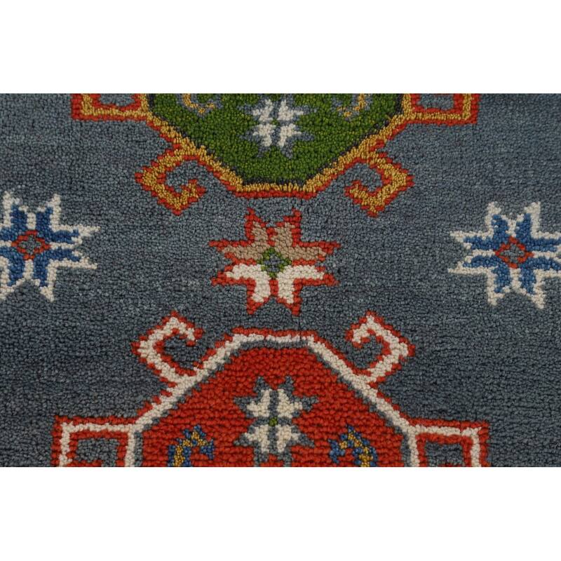 Blue Geometric Kazak Oriental Area Rug Hand-Knotted Wool Carpet - 9'3" x 11'7"