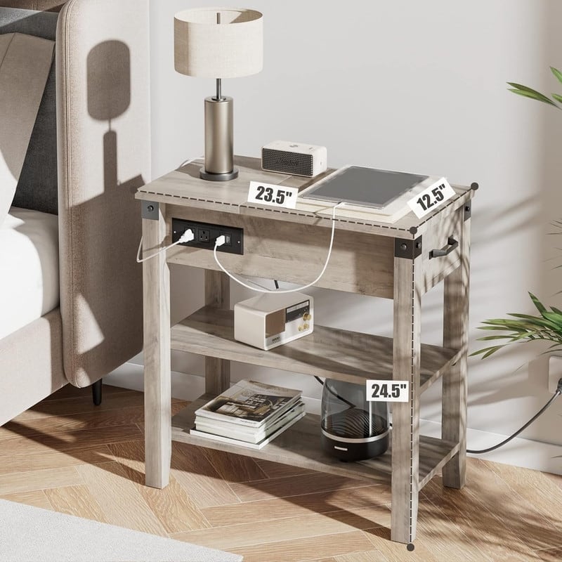 End Table with USB Ports and Outlets, Flip Top Side Table Narrow