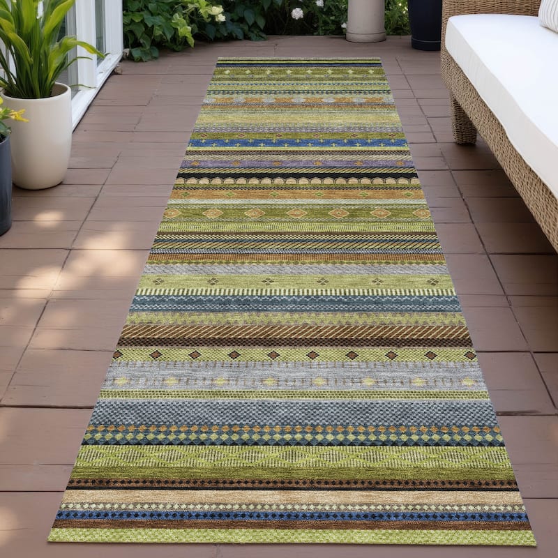 Machine Washable Indoor/Outdoor Boho Stripes Chantille Rug - Olive - 2'3" x 7'6"