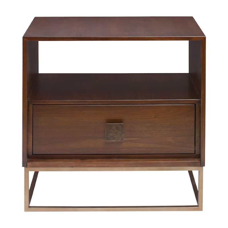 25" brown walnut wood side table with storage drawers