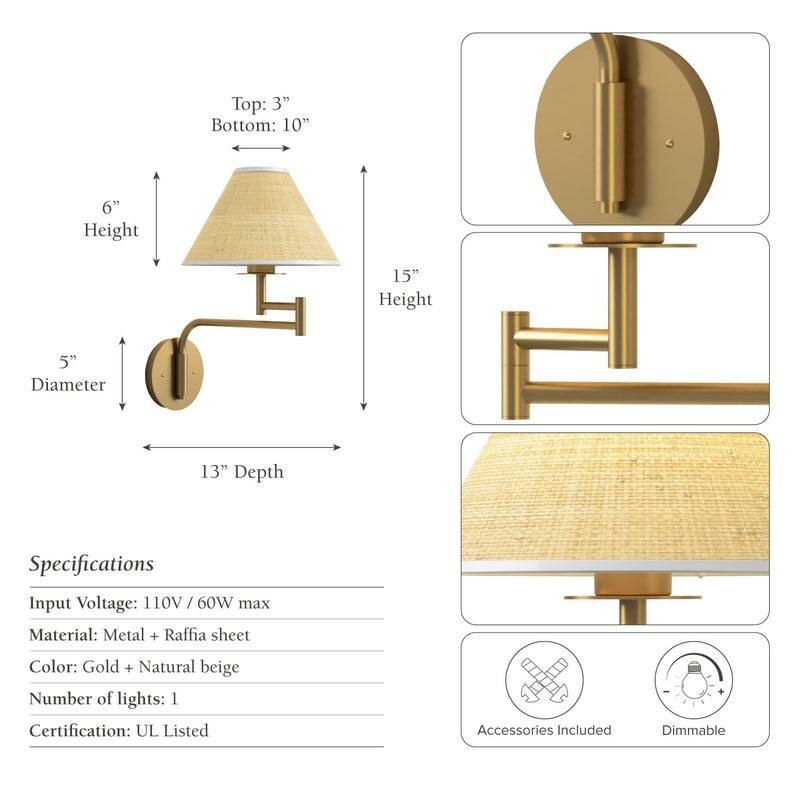 Rowabi Naia Rattan Sconce Metal, Raffia & Natural Beige, Gold 1-Light Handwoven Wall Sconce for Bedroom, Hallway in Modern Style