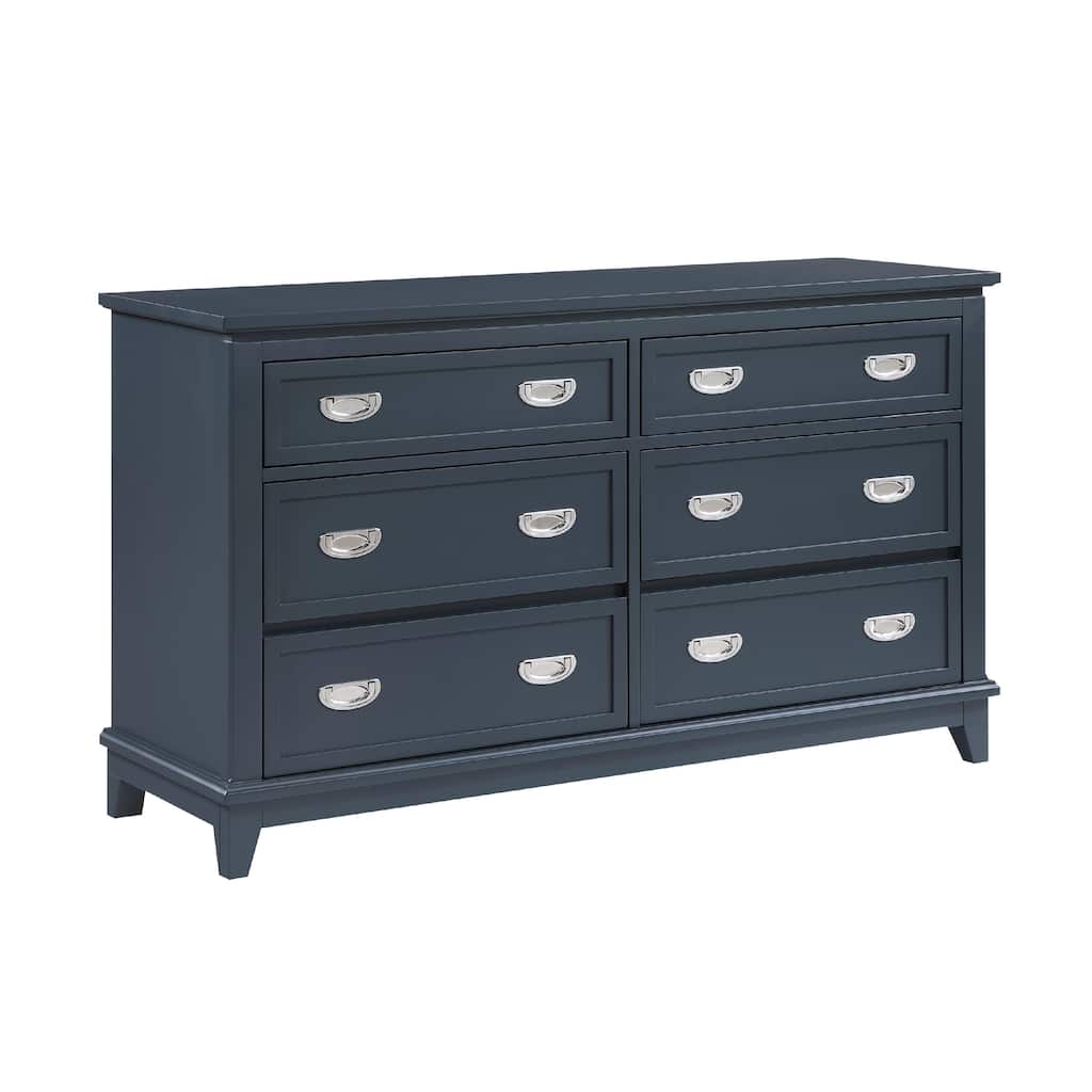 Sely Dresser, 55 Inch, 6 Drawers, Navy Blue Wood Nickel Ring Handles