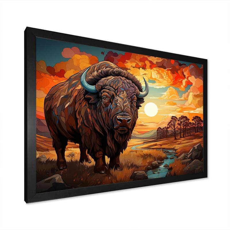 Designart "Native Buffalo Guardian Of Meadow" Native American Art Framed Wall Art Living Room