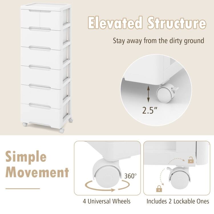 Multi-Drawer White PP Mobile Storage Organizer with Locking Wheels for Bathroom or Kids Room
