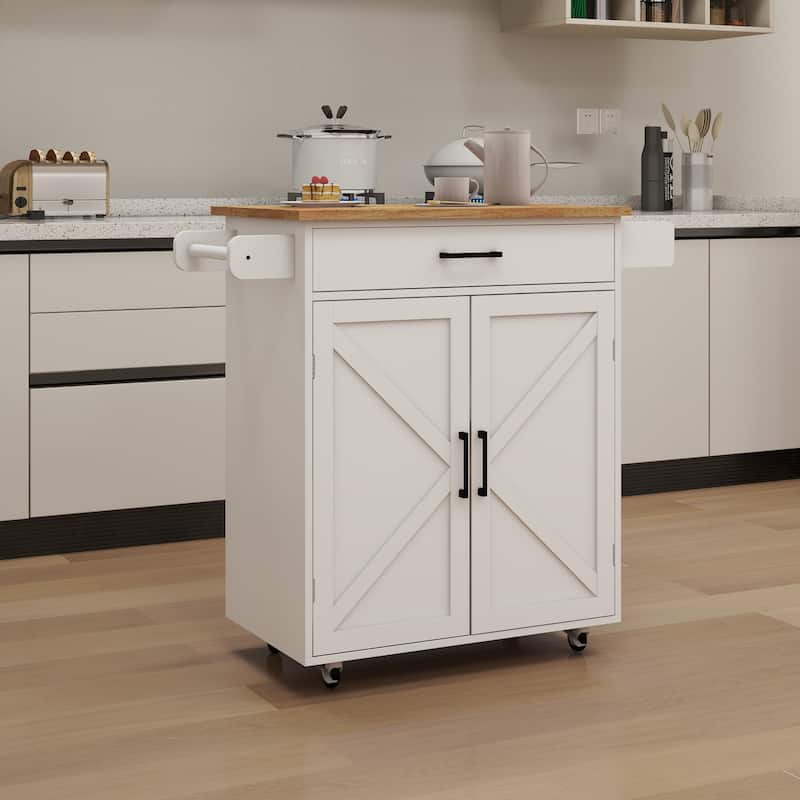 Anmytek Farmhouse Kitchen Island Cart with Bamboo Top and Wheels - Rolling Kitchen Storage with Extendable Shelves - White