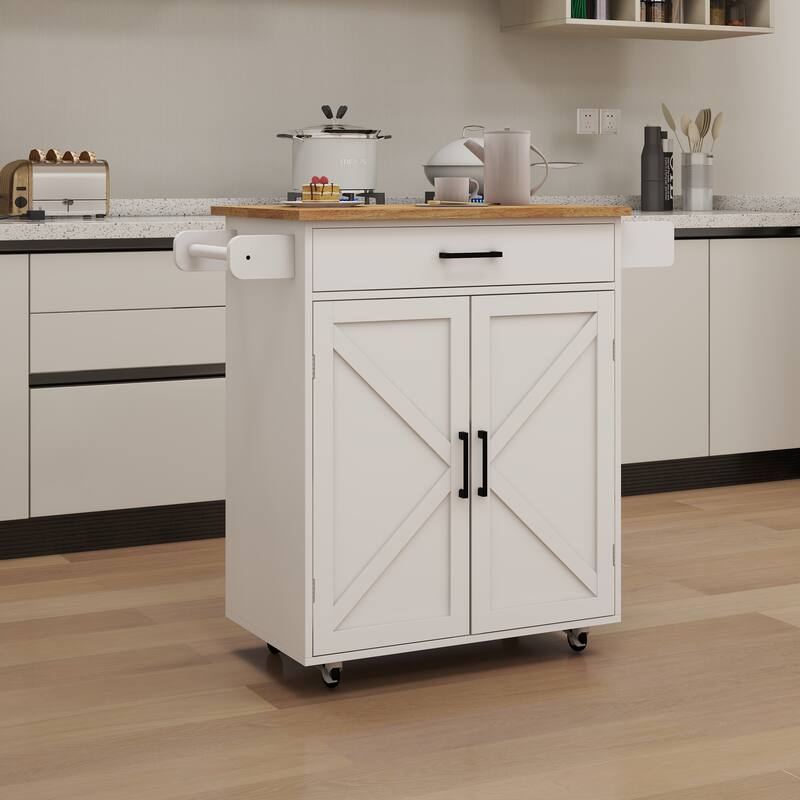 Kitchen Island on Locking Wheels, Rolling Island Table with Rubber Wood Table Top, Bar Cabinet with Adjustable Shelves & Drawer - White