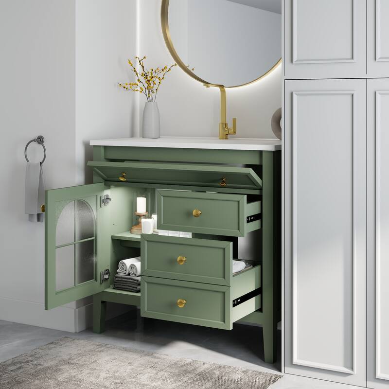 35.6" Mid-Century Bathroom Vanity Sink with Patterned Glass & Motion-sensor Light Strip, Freestanding