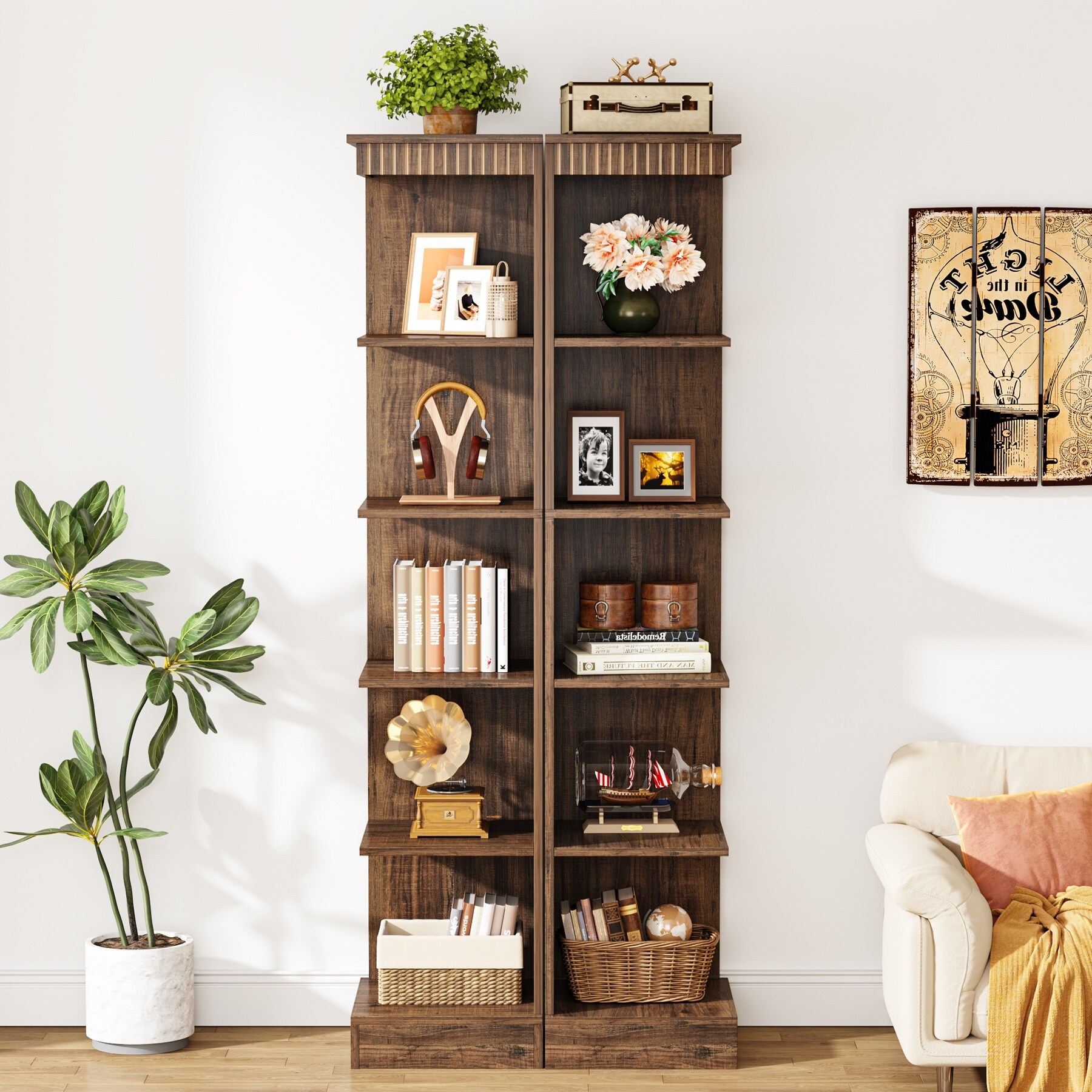 70.87-inch Narrow Corner Bookcase, 5-tier Industrial Bookshelf
