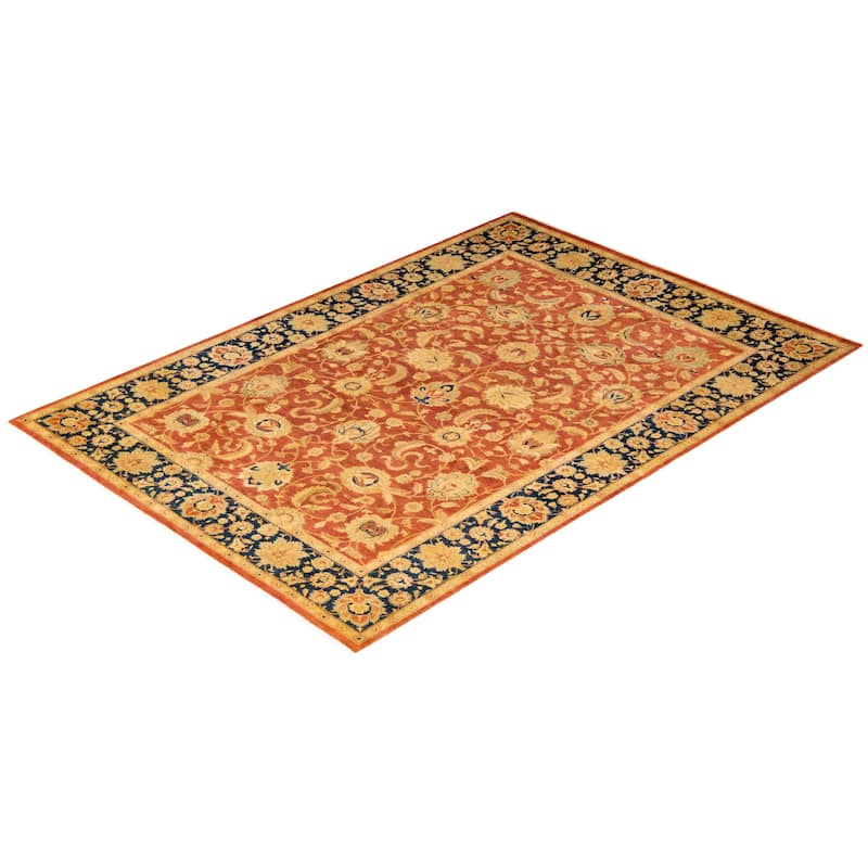 Overton Handknotted Wool Traditional Oriental Orange Area Rug - 6' x 9'