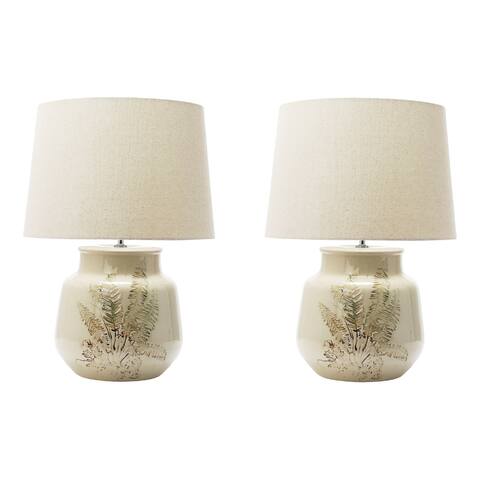 Debossed Botanical Stoneware Table Lamp with Linen Shade