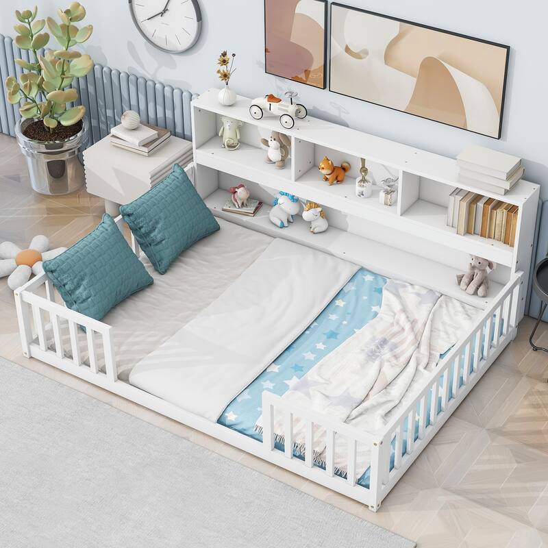 Pine Wood Floor Bed with Bookcase and Guardrails