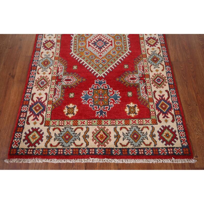 Geometric Red Kazak Accent Rug Home Decor Hand-Knotted Wool Carpet - 2'10" x 4'5"