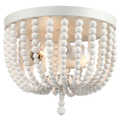 3-Light Bohemia Antique White Wood Beaded Flush Mount Ceiling Light - 12.6 in.W