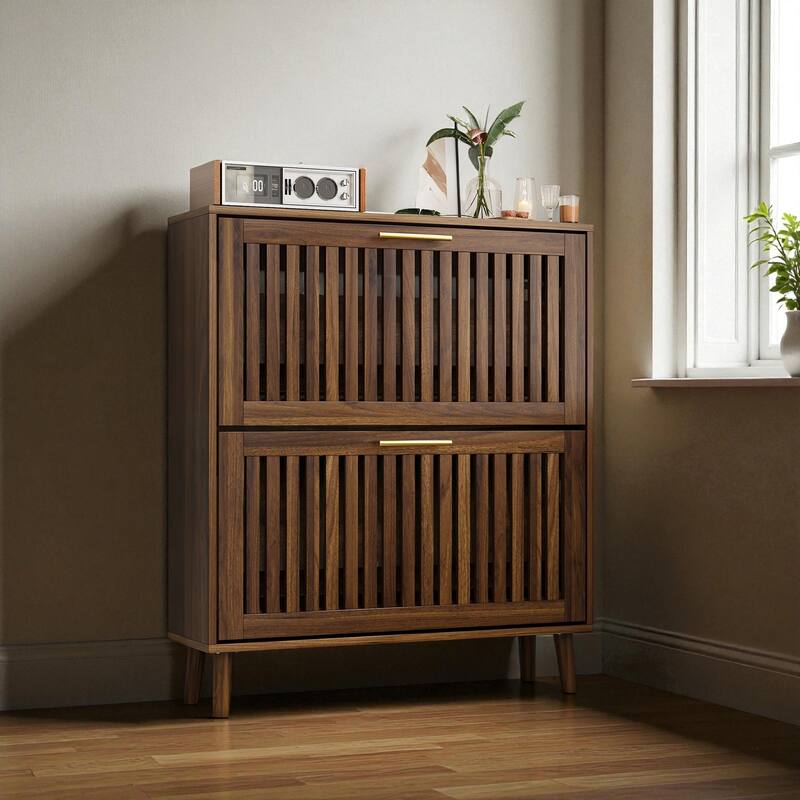 31.5" Walnut Shoe Cabinet with 2 Flip Drawers, Mid-Century Modern Freestanding Shoe Storage Organizer for Entryway or Hallway