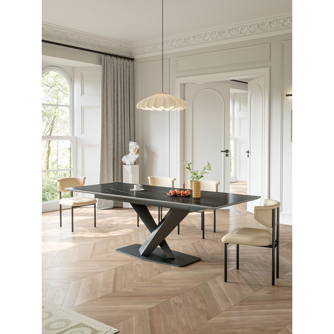 Modern Black Tabletop with Gold Texture Extendable Dining Table for Kitchen, image size:1400x1400