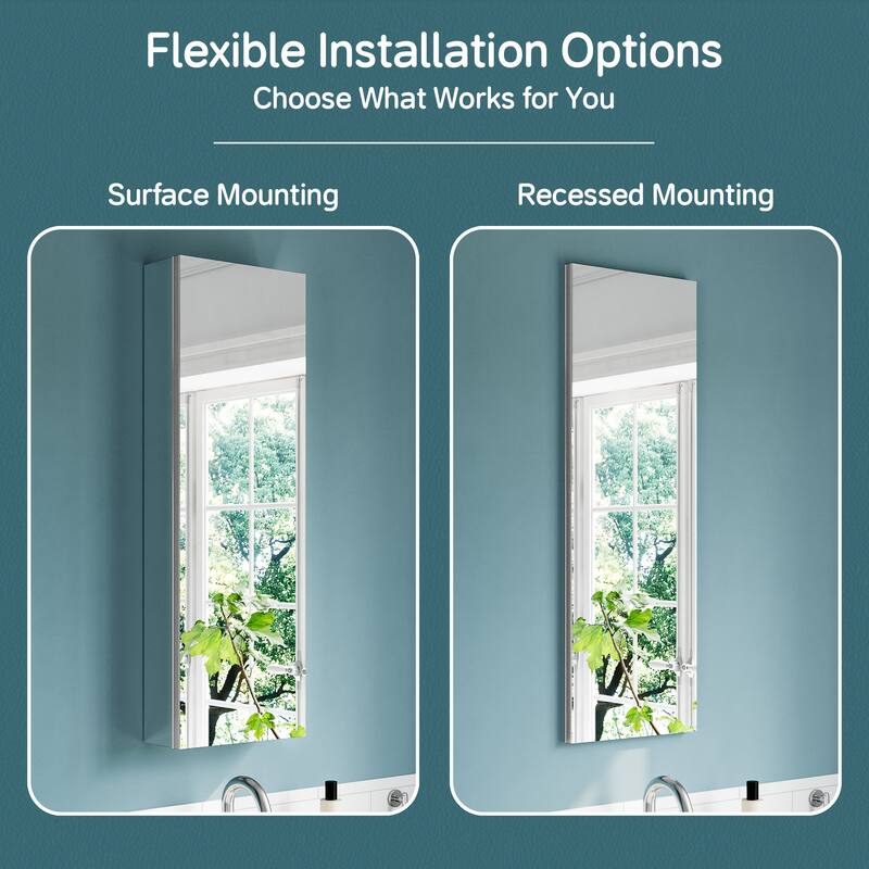 12x36" Tri-View Mirrored Medicine Cabinet with Soft-Close Blum Hinges, Recessed/Surface Mount, Reversible Door, Aluminum Body