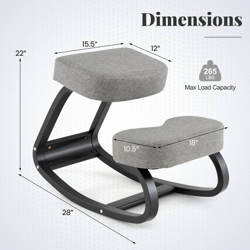 Ergonomic Grey-Black Wooden Rocking Kneeling Chair with Cushioned Seat and Kneepad - 28" x 18" x 22"