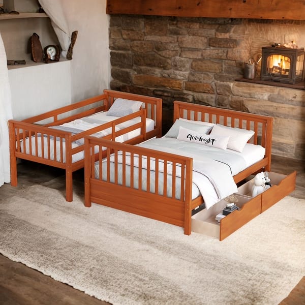 slide 2 of 19, Twin Over Full Bunk Bed With Ladders and Two Storage Drawers for Bedroom Walnut