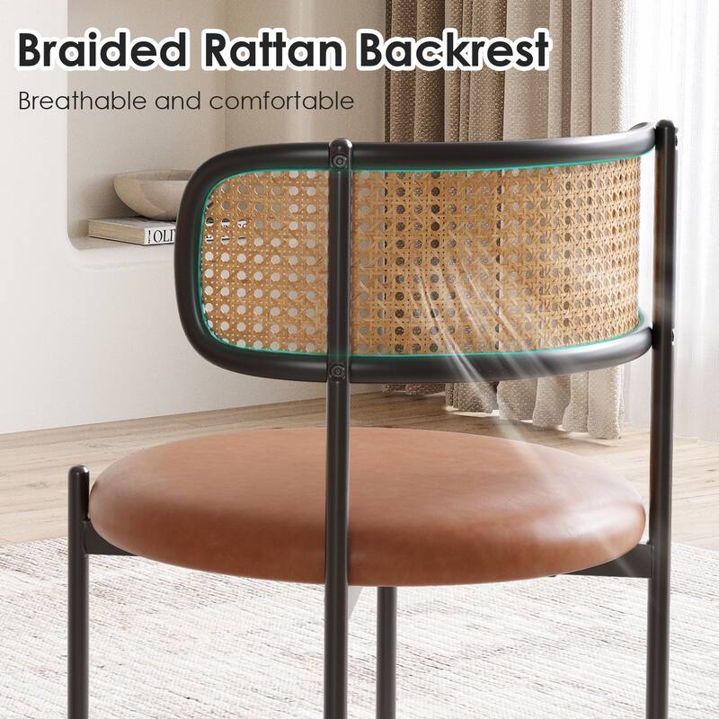 Dining Chairs Set of 4, PU Leather Upholstered Seat with Woven Rattan Back, Sturdy Metal Legs Modern Side Chairs