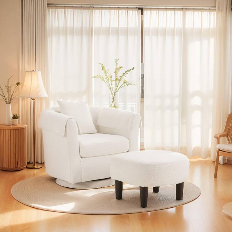 Homy Lin 360° Swivel Chenille Accent Chair with Ottoman,Armrests & Back Pillow, Comfy Living Room Armchair Set for Read or Relax