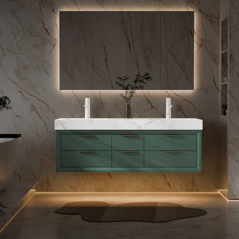 60" Wall-Mount Double Vanity with LED Light. - 60 inch