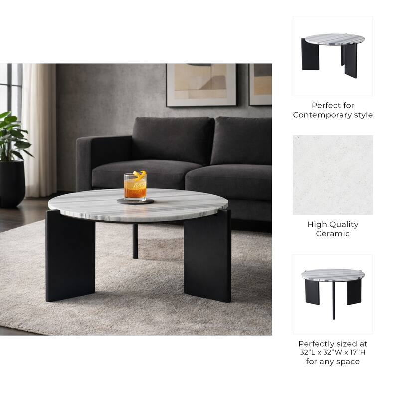 Marble Panda Coffee Table - Black/White, 32" - 32.0"