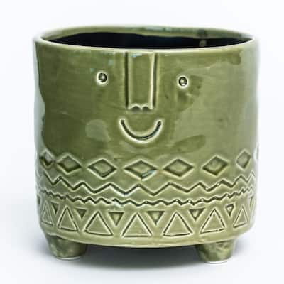 Green Friendly Face Footed Planter
