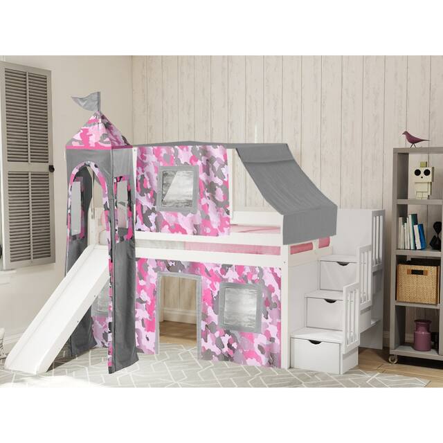 JACKPOT Prince & Princess Low Loft Bed, Stairs & Slide, Tent & Tower - White with Pink Camo Tent