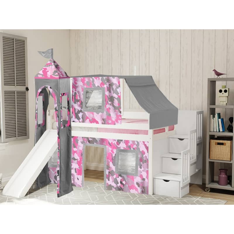 JACKPOT Prince & Princess Low Loft Twin Bed, Stairs Slide Tent & Tower - White with Pink Camo Tent