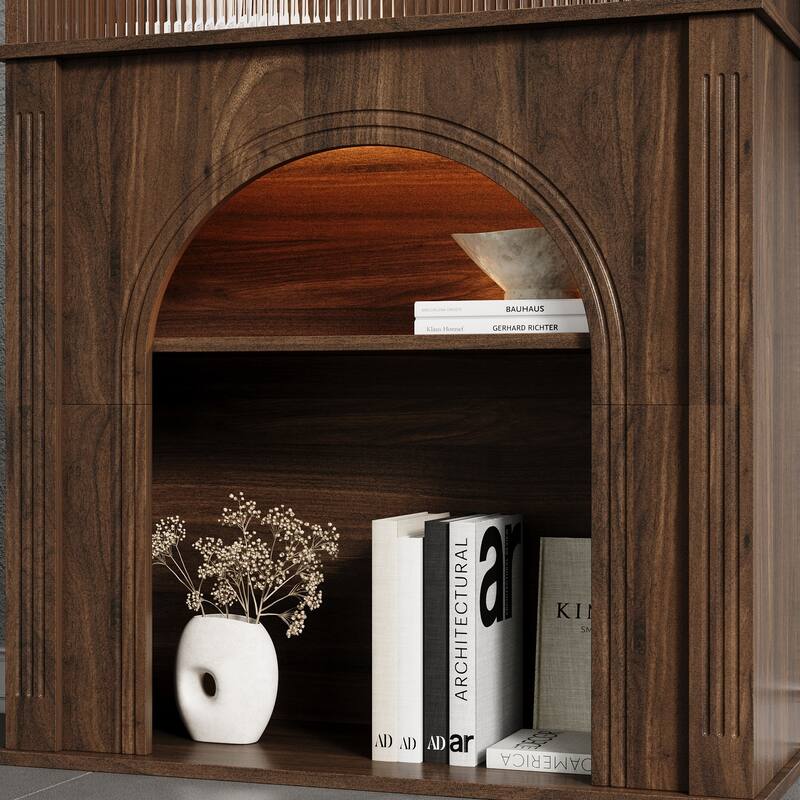 LED Lighted Display Cabinet with Fluted Glass Doors, Wooden Sideboard Buffet Cabinet for Living Room or Dining Room