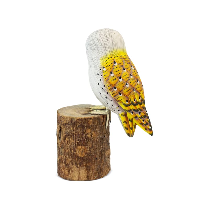 Wooden Hand Carved Yellow Barn Owl Standing on Log Statue Bird Figurine Sculpture Art Home Decor Handcrafted Decoration Handmade