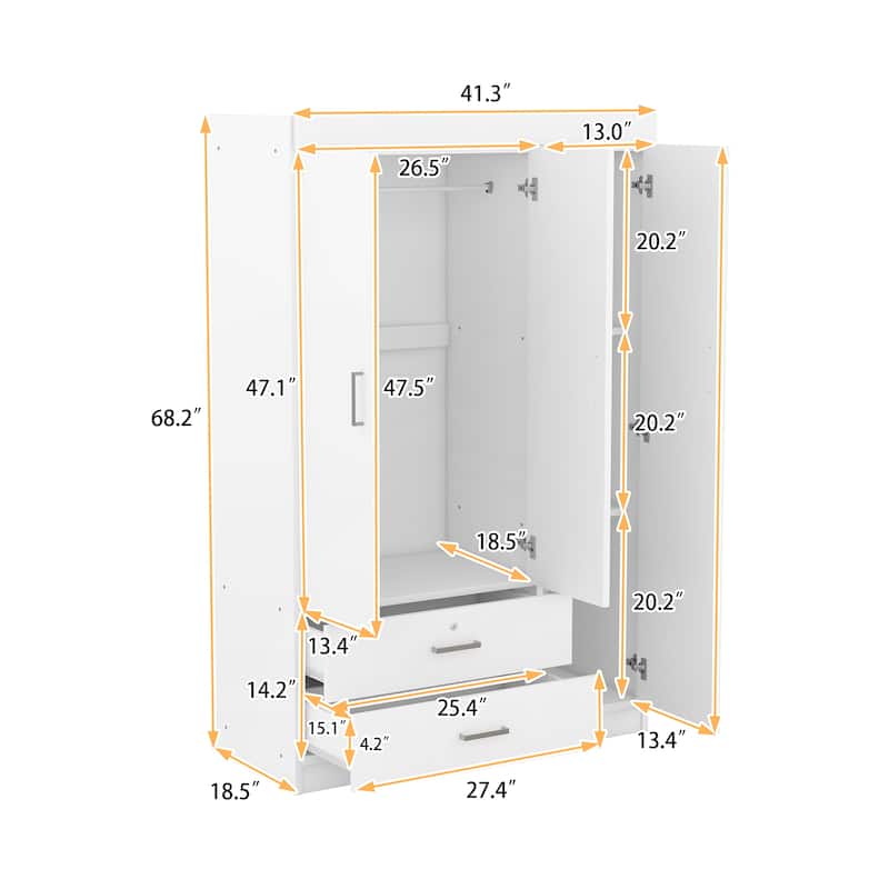 3 Door Wardrobe Closet with 2 Drawers, Modern White Freestanding Armoire Storage Cabinet for Bedroom