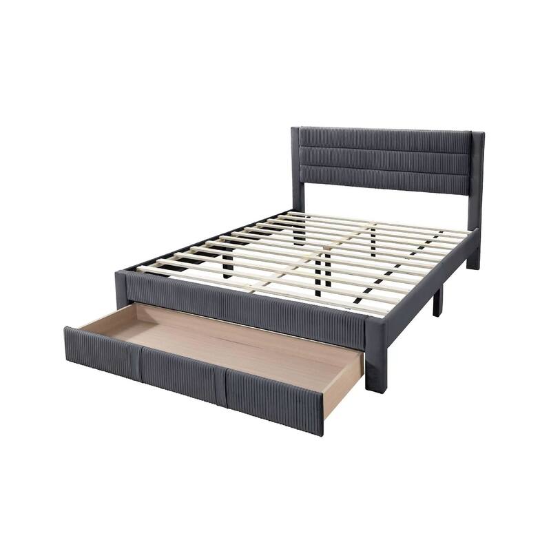 Daisy Full Bed w Drawer, Charcoal Gray Corduroy Upholstery, Foam
