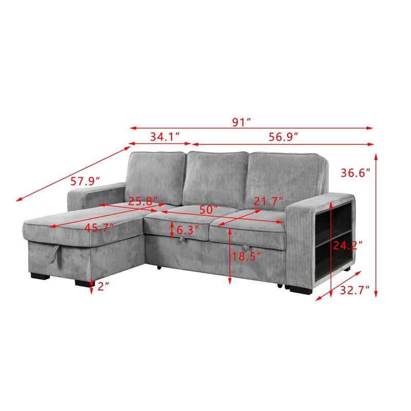 Roomfitters L Shaped Sectional Sofa Bed with Pull Out, Storage Chaise and USB Cup Holder