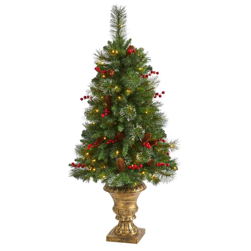 4’ Pre-Lit Pine with Pinecones and Berries Artificial Christmas Tree, Clear LED Lights - 4 Foot