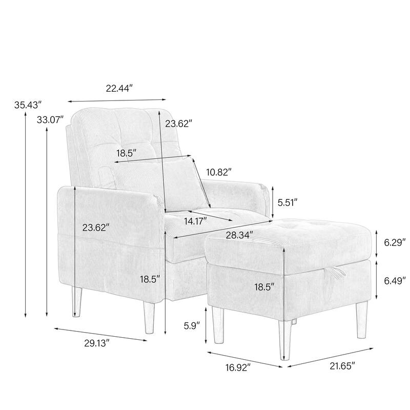 Adjustable Backrest Lounge Accent Chair Set with Storage Ottoman