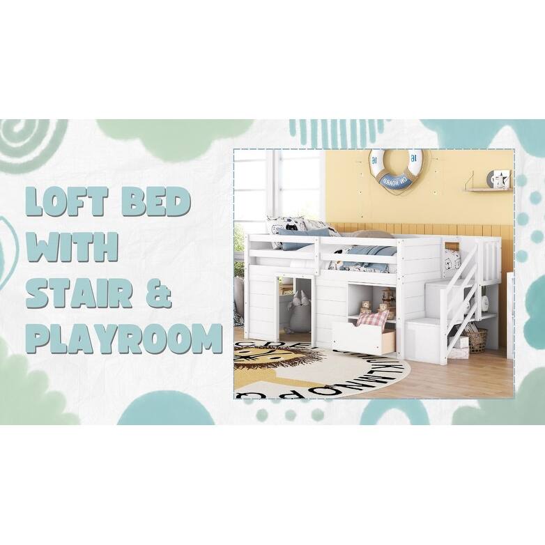 Kids Loft Bed Twin Size Wooden Bed Frame with Storage Stairs & Drawer