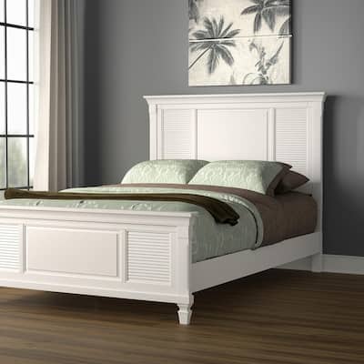 HomeRoots White Ribbed Texture Solid Wood Queen Bed Frame