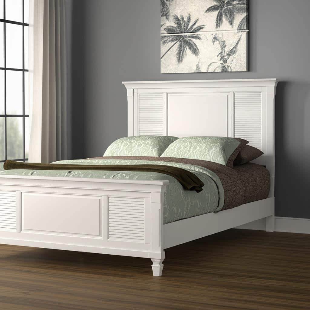 HomeRoots White Ribbed Texture Solid Wood Queen Bed Frame