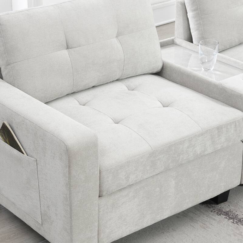 104" Chenille U-Shaped Sectional Sofa with 2 Acrylic Tables, USB Charging and Storage Ottoman