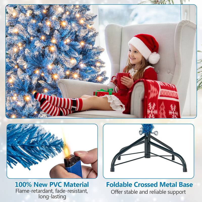 Gymax Pre-Lit Artificial Christmas Tree Blue Hinged Xmas Tree w/