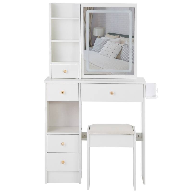 29.2"Small Size Left Drawer Desktop Vanity Table+Cushioned Stool,Hair dryer bracket,Extra Large Touch Control Sliding LED Mirror