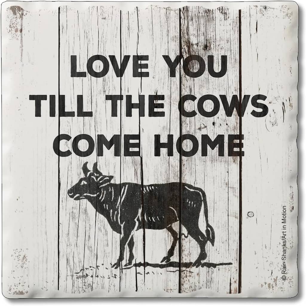 Love You Till The Cows Come Home 4 Pack Single Absorbent Stone Coaster with Cork Backing Made in The USA 4" Square, Wipes Clean